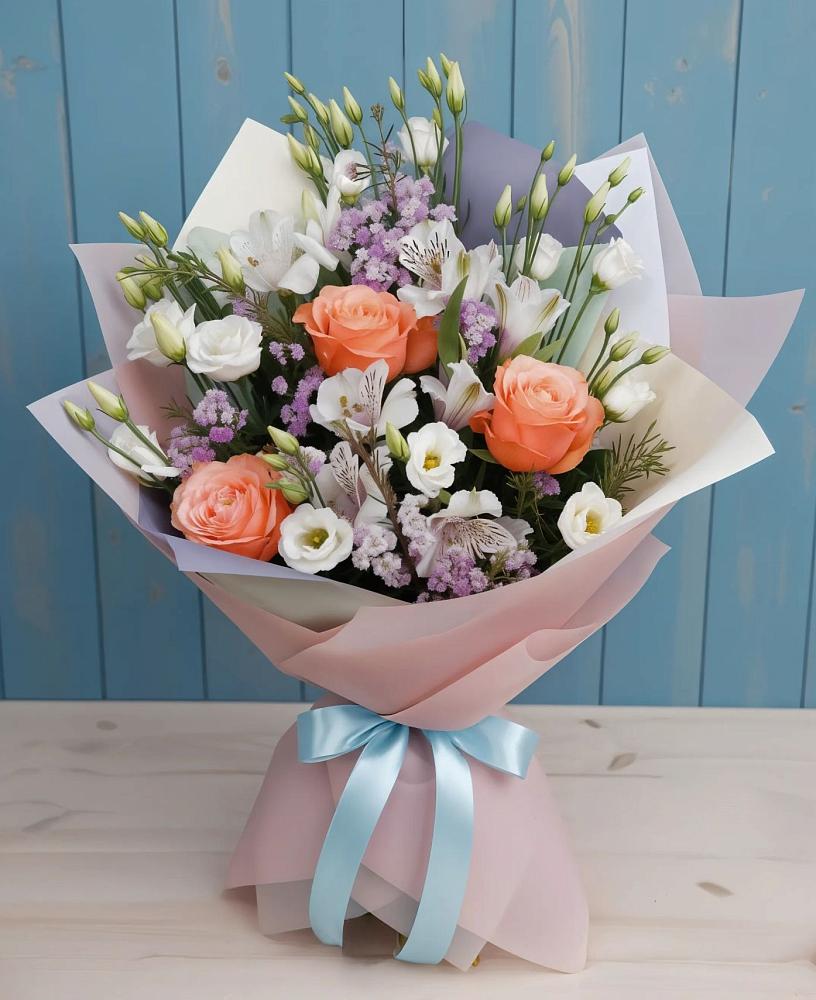 Букет цветов из: Лизиантусы, Розы, Альстромерии и Гипсофила в Дагомысе